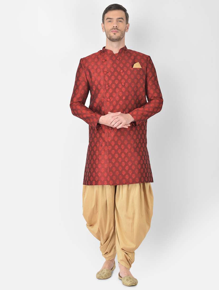 red self-designed sherwani ethnic wear set