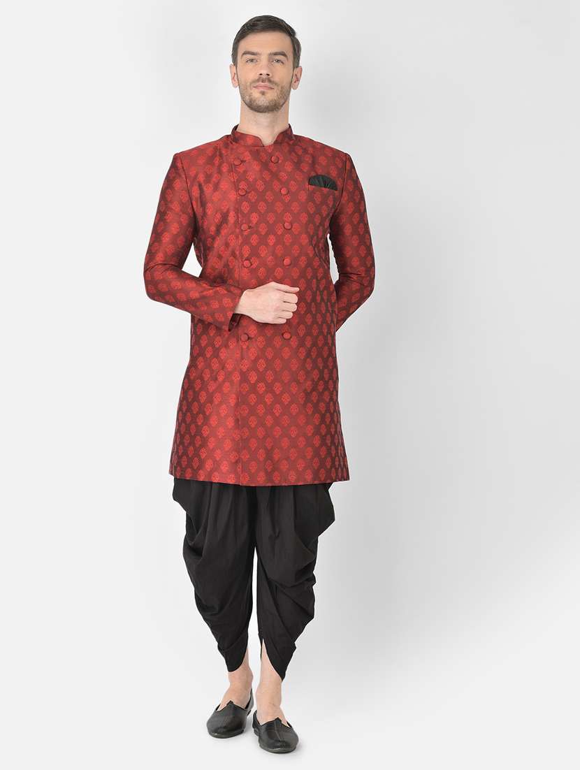 red self-designed sherwani ethnic wear set