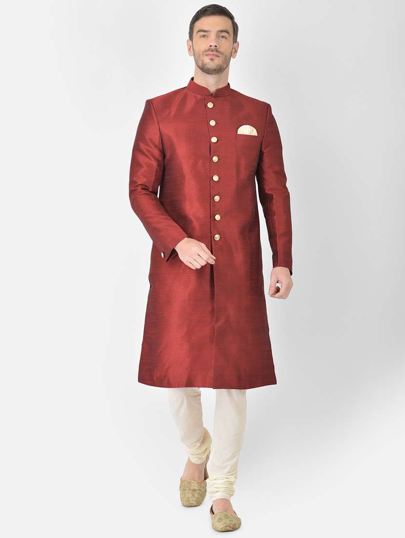 maroon solid sherwani ethnic wear set