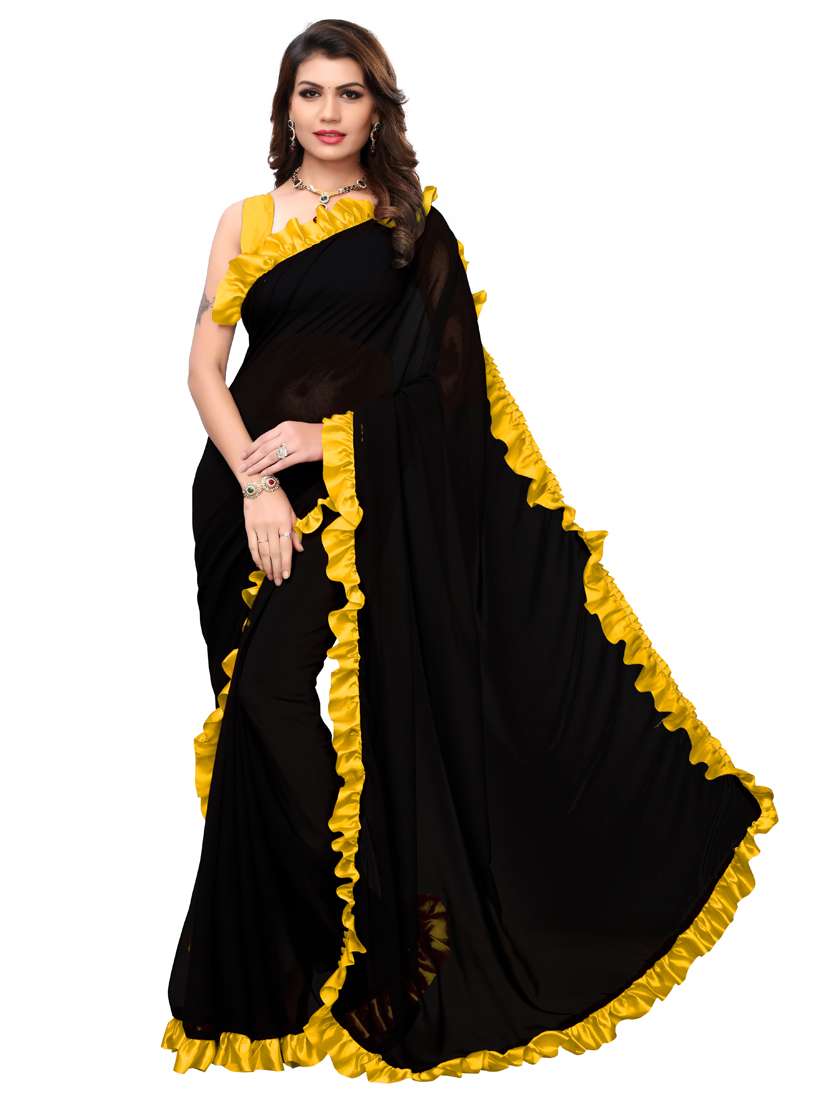 solid bordered ruffled saree with blouse - 18316506 - Zoom Image - 0