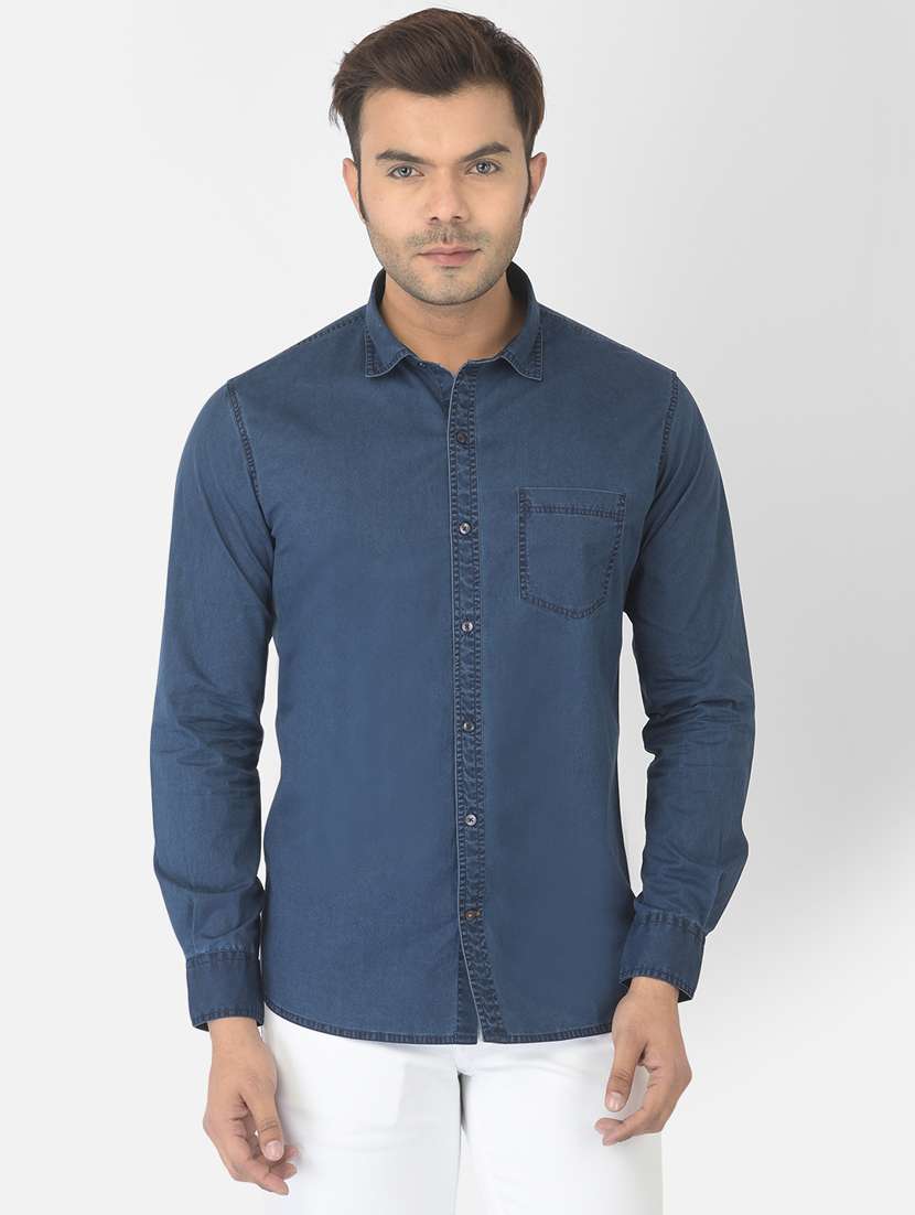 blue solid denim casual shirt
