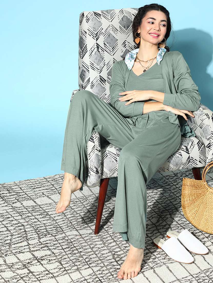 grey solid 3 piece bra co-ord nightsuit sets - 18317718 -  Standard Image - 3