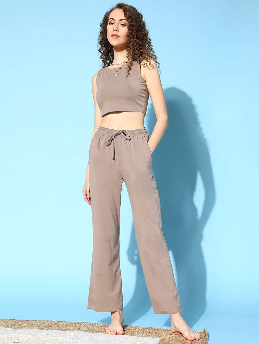 brown solid 2 piece bra co-ord nightsuit sets