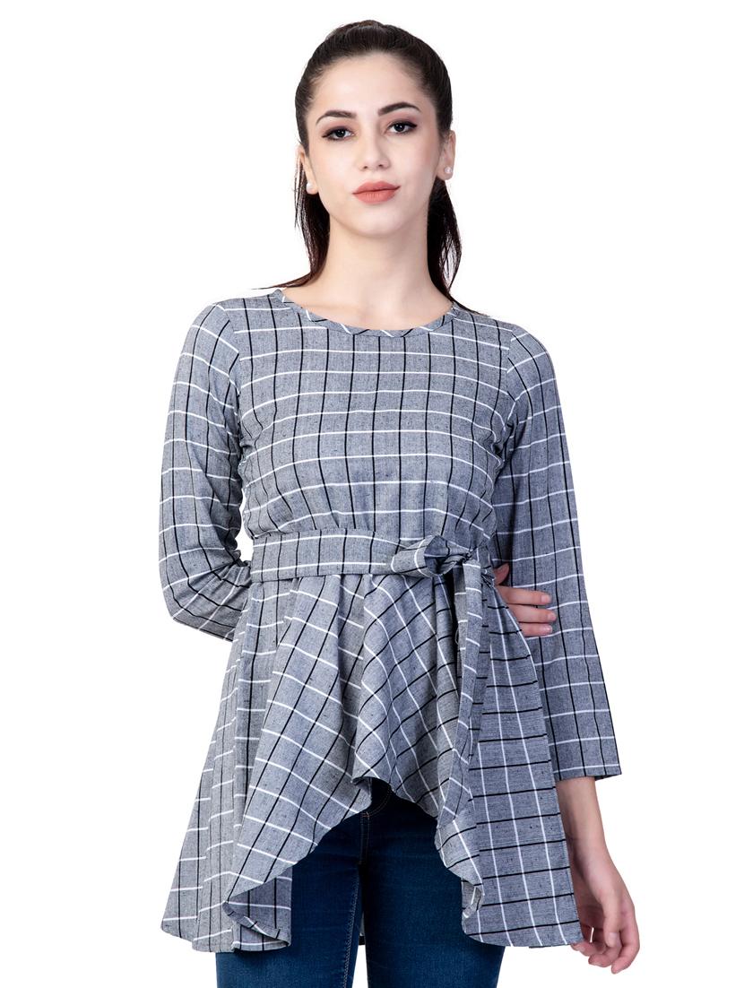 boat neck checked asymmetric top