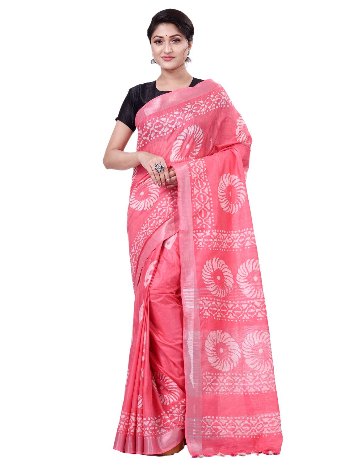 pink linen printed saree with blouse