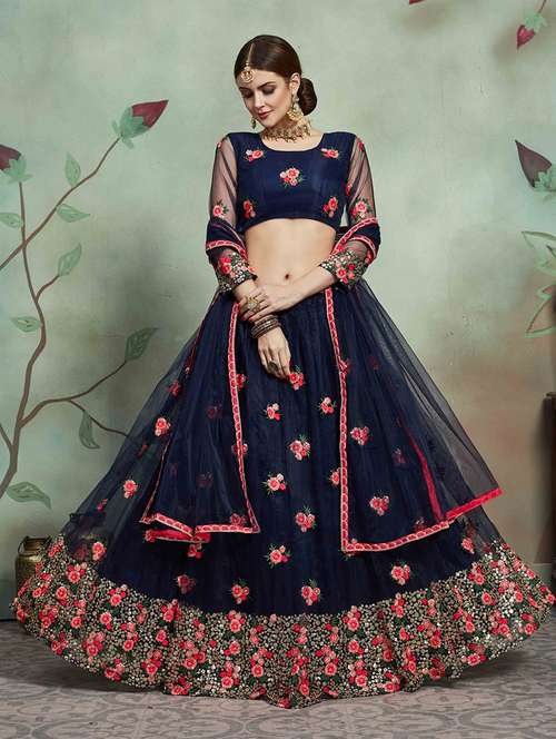 navy blue embroidered flared lehenga - 18319776 -  Standard Image - 0