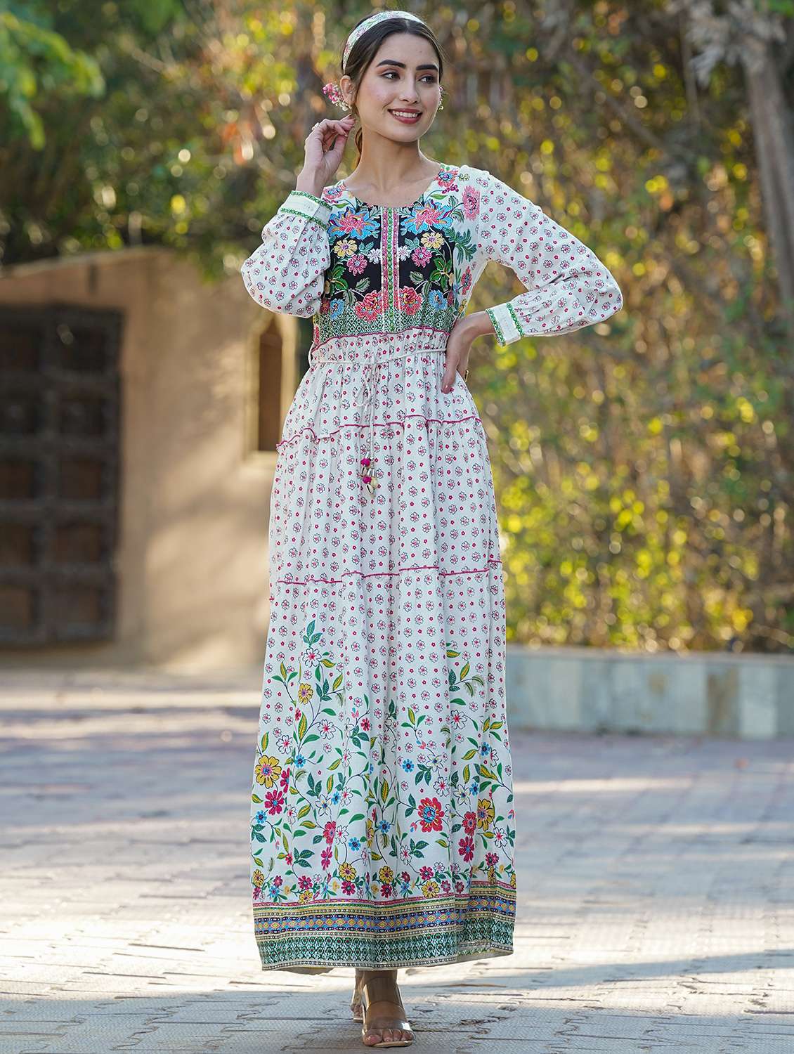 Buy online White Rayon Tiered Ethnic Dress from ethnic wear for