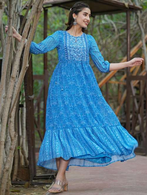 blue georgette tiered ethnic dress - 18321326 -  Standard Image - 0