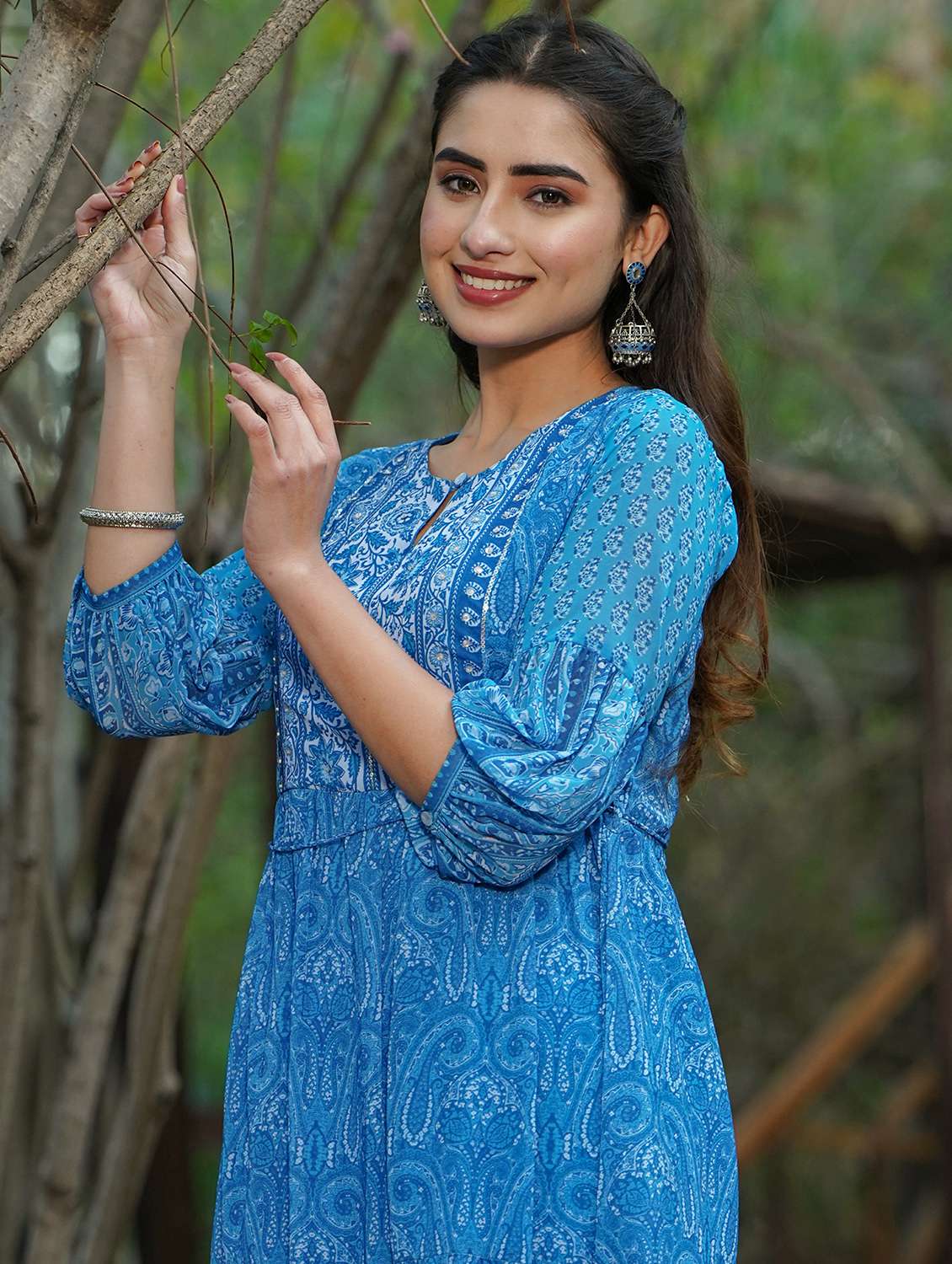 blue georgette tiered ethnic dress - 18321326 -  Standard Image - 3