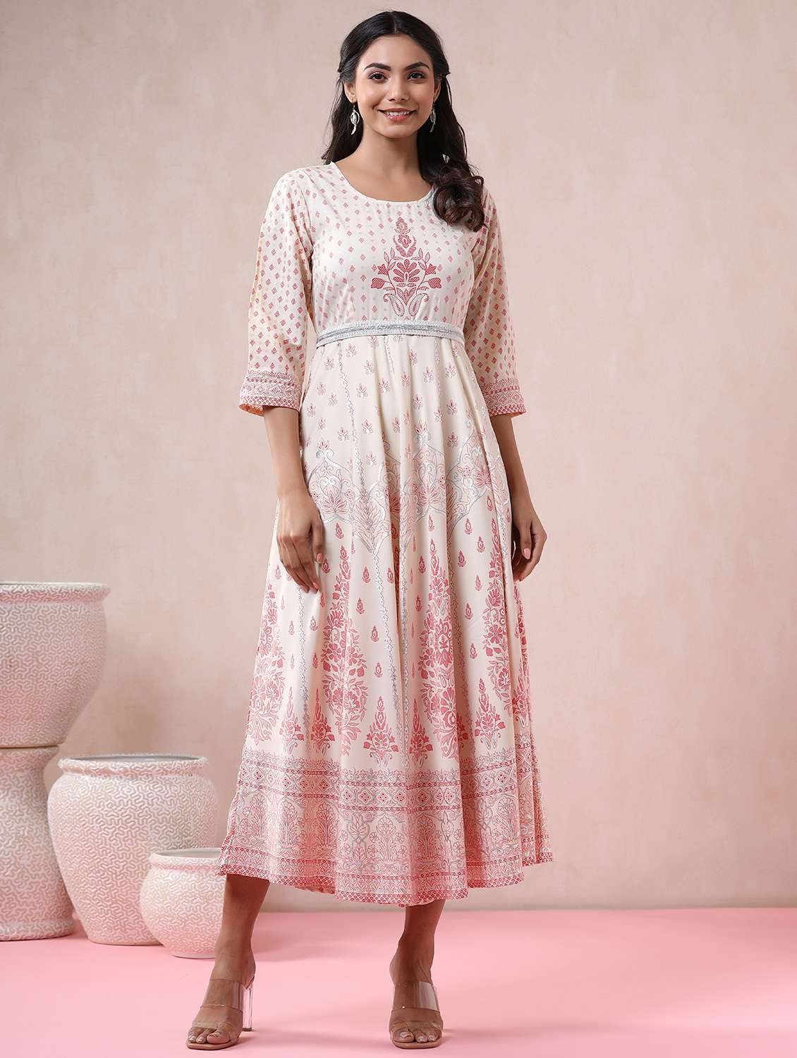 white crepe aline ethnic dress