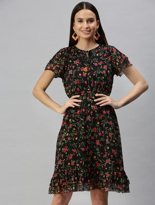 tie up neck floral flared dress - 18321833 -  Standard Image - 0