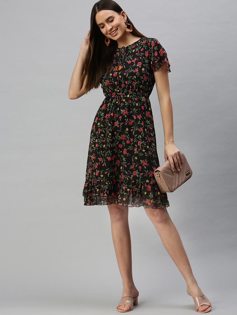 tie up neck floral flared dress - 18321833 - Standard Image - 3