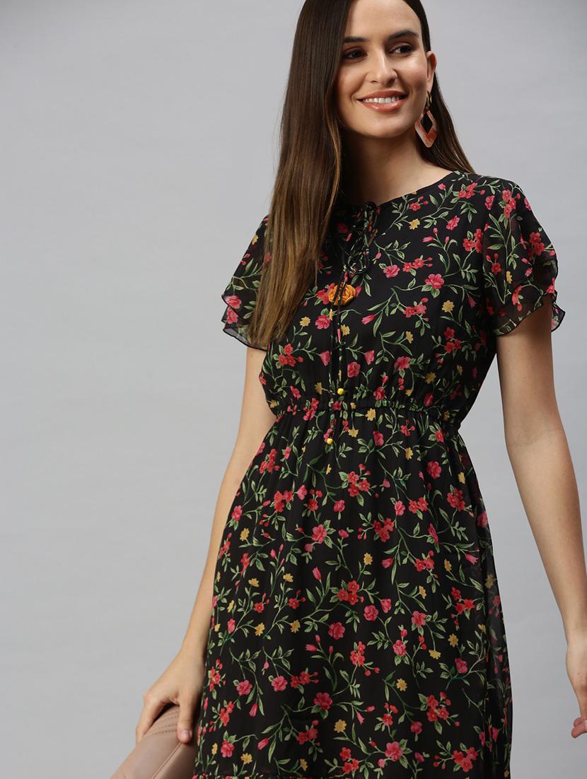 tie up neck floral flared dress - 18321833 - Standard Image - 5
