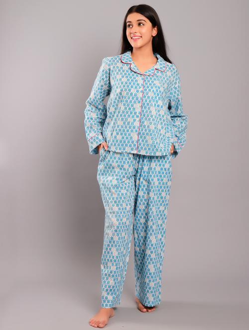 shirt collar printed nightwear pajama set - 18322390 - Standard Image - 0