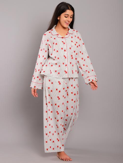 shirt collar printed nightwear pajama set - 18322391 - Standard Image - 0