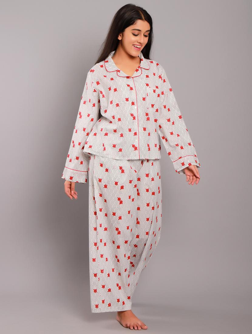 shirt collar printed nightwear pajama set - 18322391 - Zoom Image - 0
