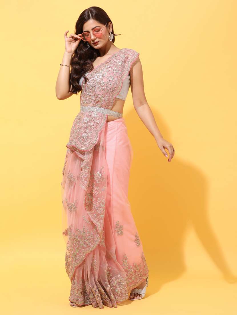 pink net embroidered saree with blouse - 18322897 - Zoom Image - 0