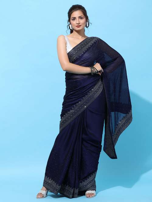 navy art silk embroidered saree with blouse - 18322914 - Standard Image - 0