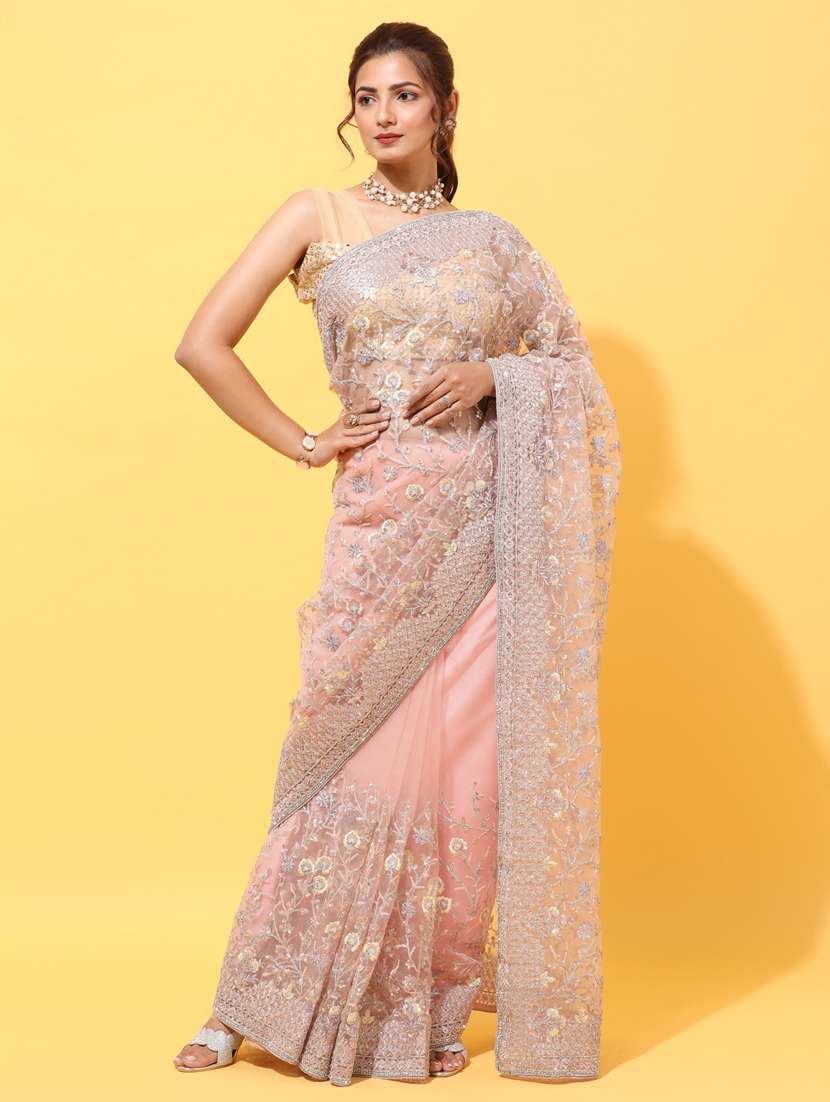 peach net embroidered saree with blouse