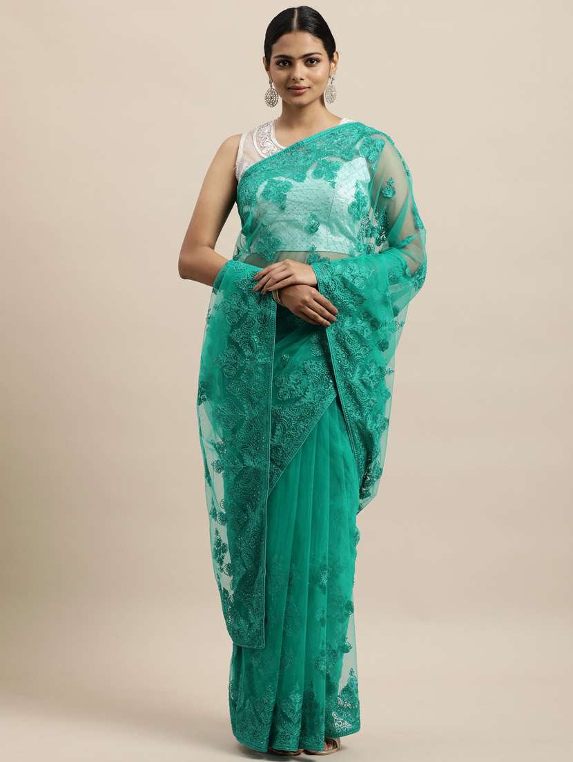 blue net embroidered saree with blouse