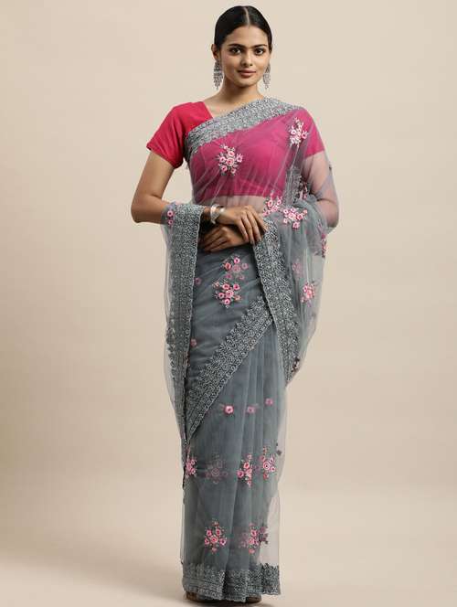 grey net embroidered saree with blouse - 18323147 -  Standard Image - 0