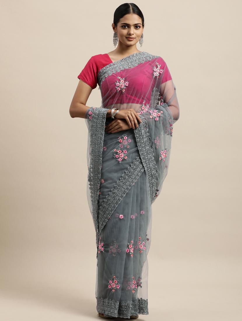 grey net embroidered saree with blouse - 18323147 -  Zoom Image - 0