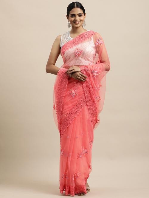 peach net embroidered saree with blouse - 18323148 - Standard Image - 0