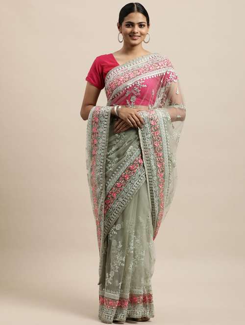 green net embroidered saree with blouse - 18323164 - Standard Image - 0