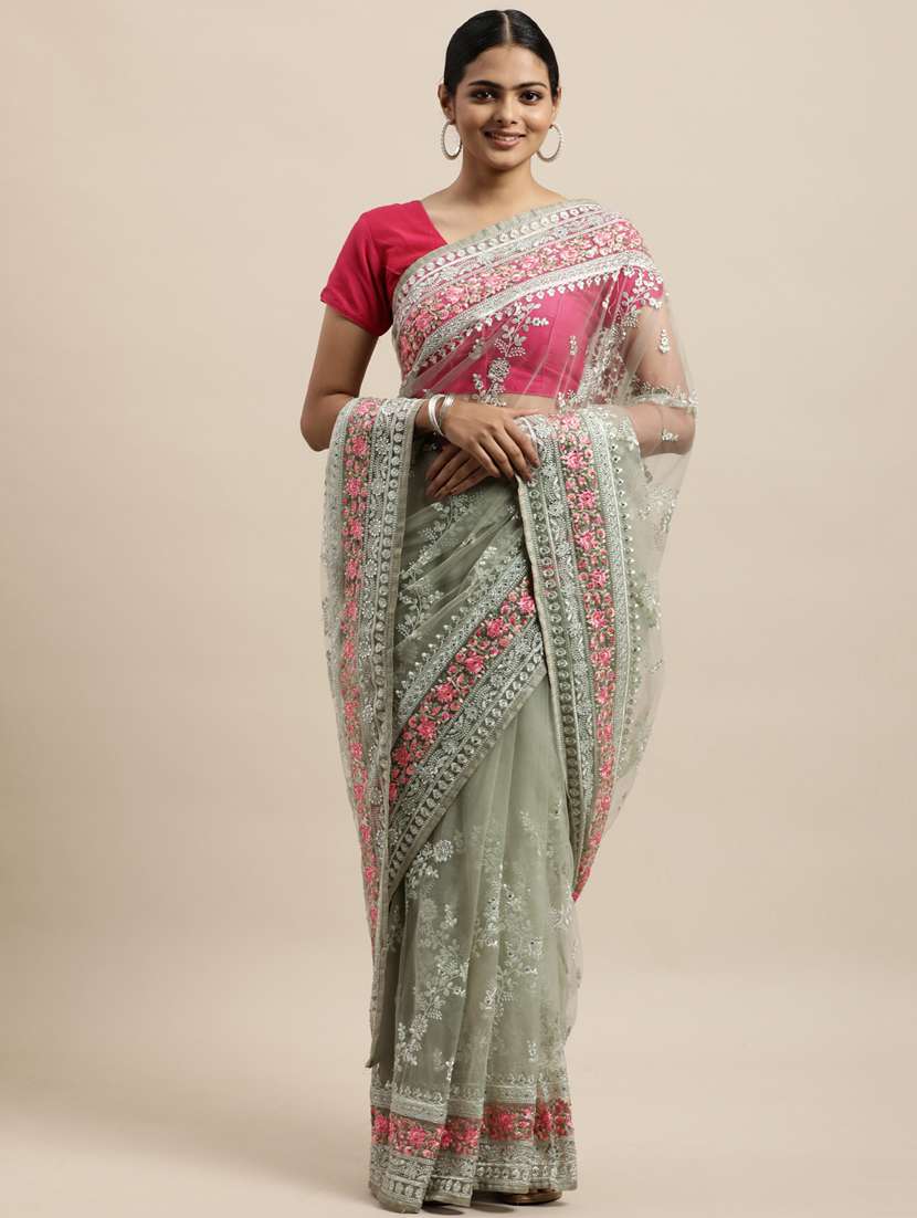 green net embroidered saree with blouse - 18323164 - Zoom Image - 0