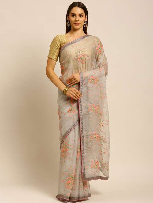 grey lace bordered embroidered saree with blouse - 18323180 -  Standard Image - 0