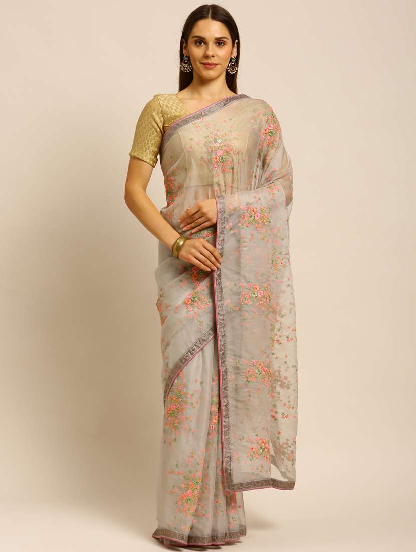 grey lace bordered embroidered saree with blouse