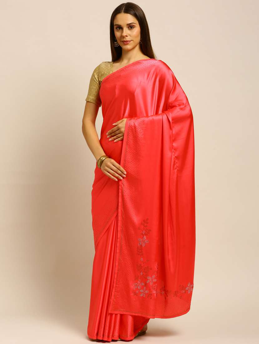 pink satin embroidered saree with blouse