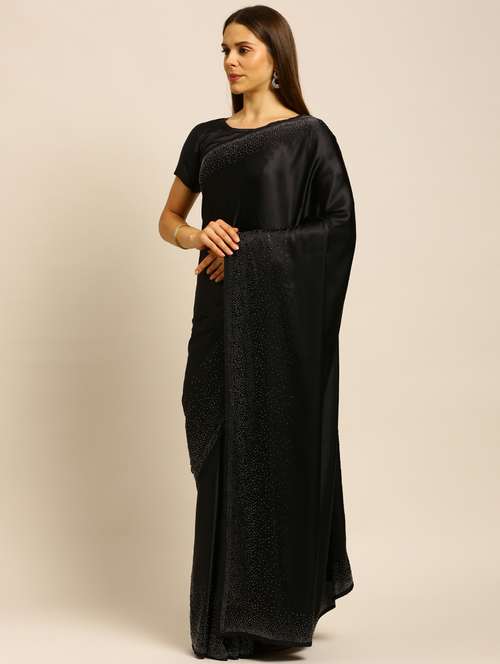 black satin embroidered saree with blouse - 18323199 -  Standard Image - 0