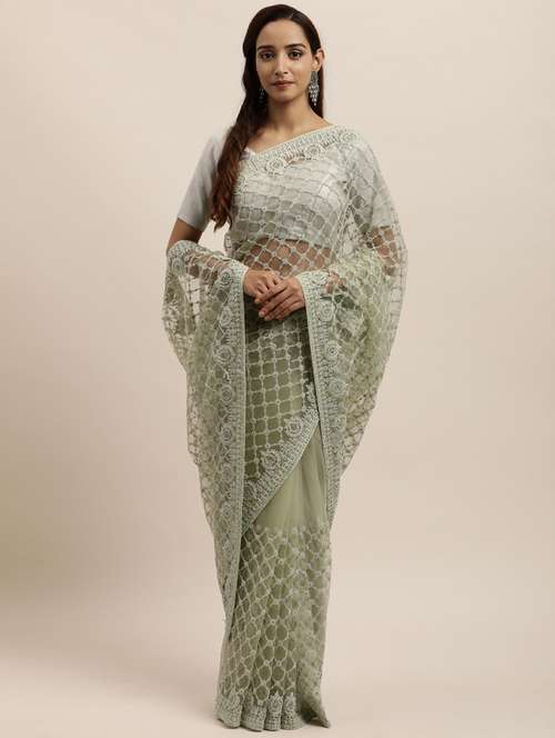 green net embroidered saree with blouse - 18323209 - Standard Image - 0