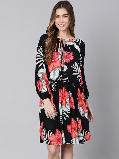 tie up neck tropical fit & flare dress - 18324549 -  Standard Image - 0
