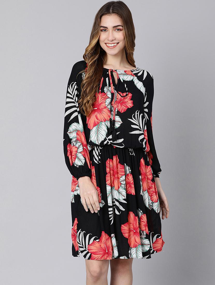 tie up neck tropical fit & flare dress - 18324549 -  Zoom Image - 0