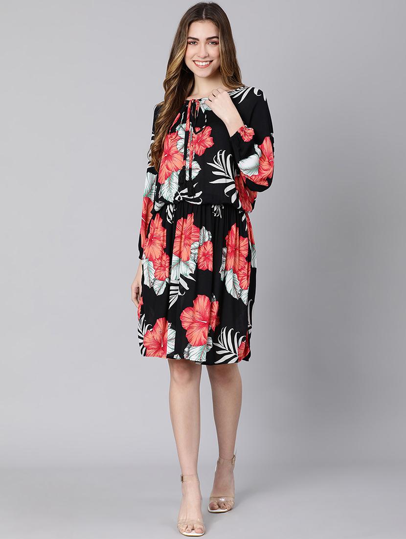 tie up neck tropical fit & flare dress - 18324549 - Standard Image - 3