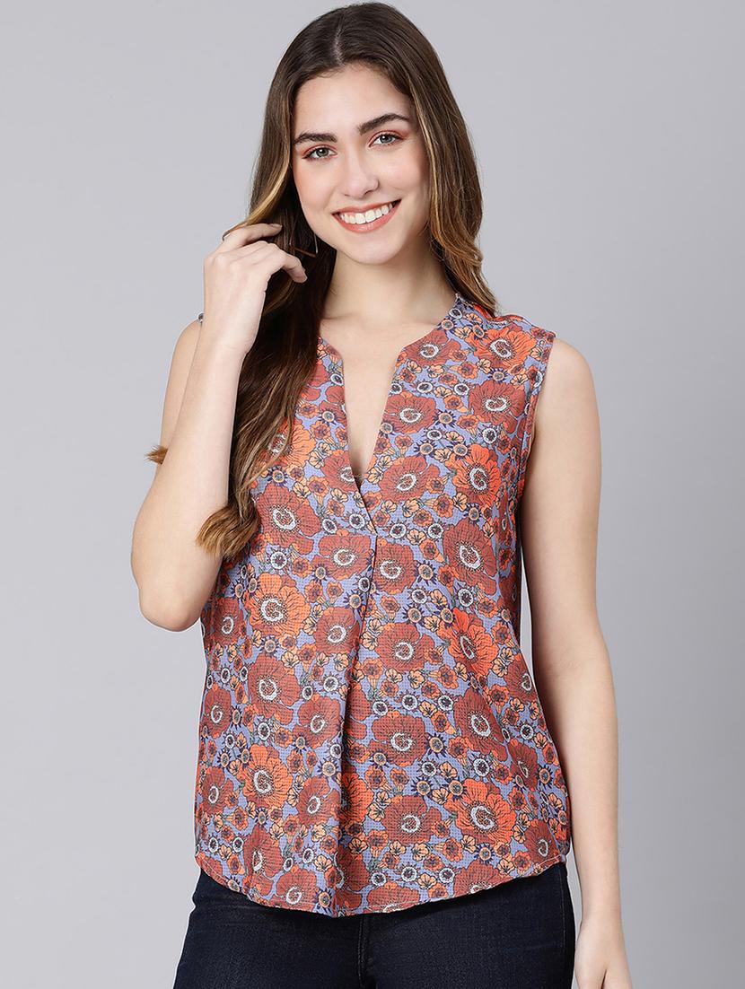 mandarin neck floral top - 18324561 - Zoom Image - 0