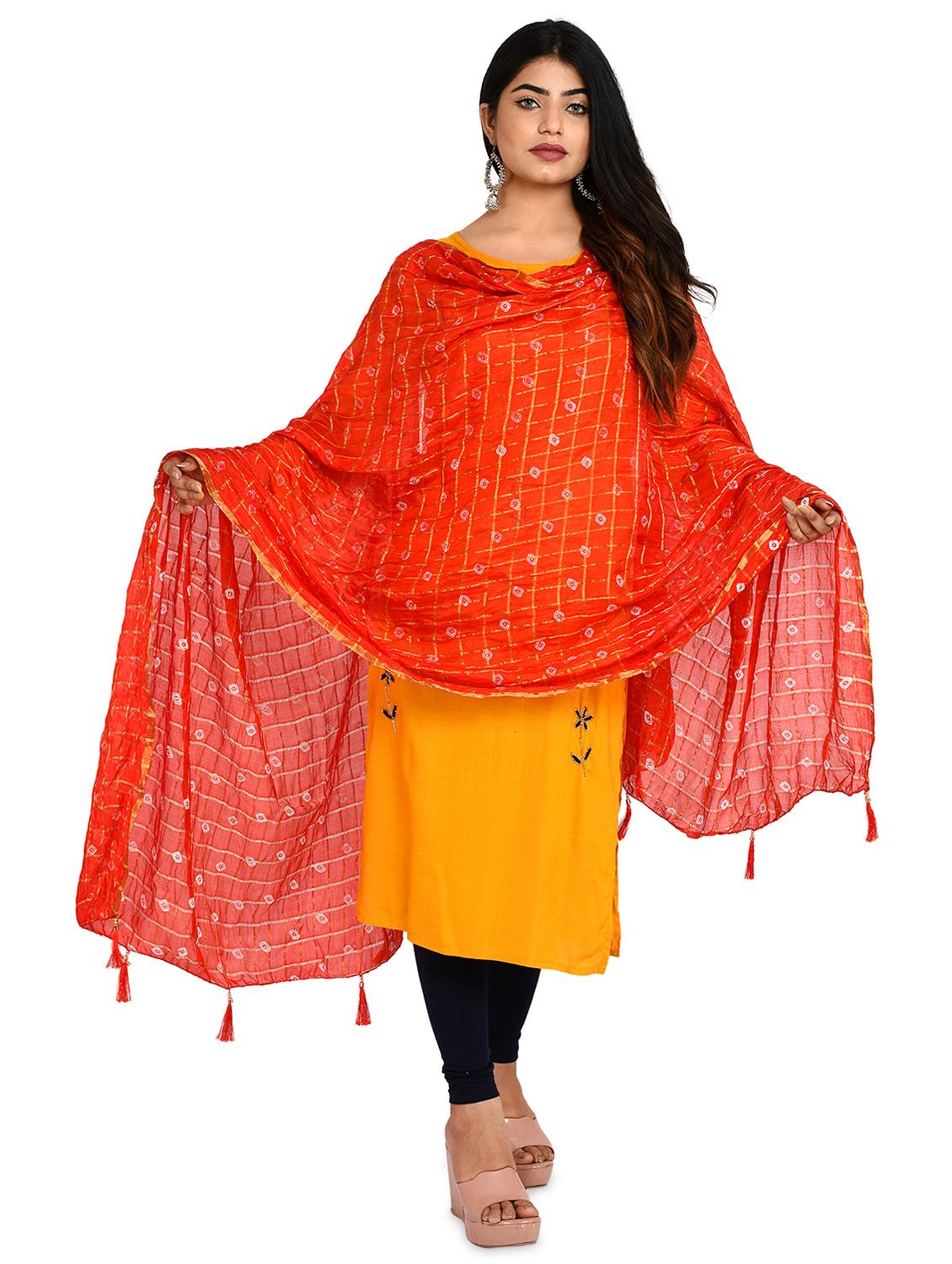 orange bandhani print dupatta with fringes - 18324679 - Zoom Image - 0
