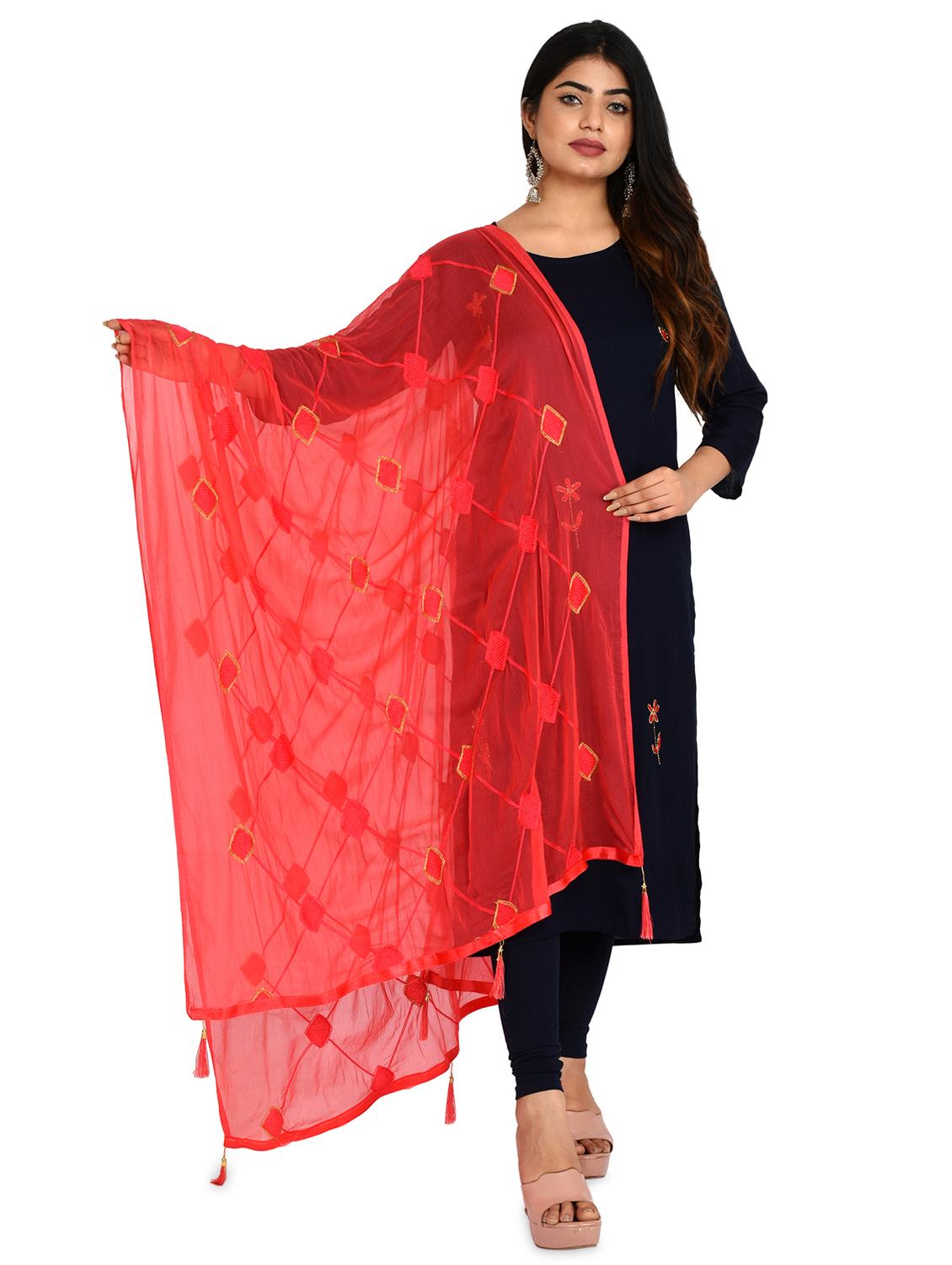 red embroidered dupatta - 18324684 - Zoom Image - 0