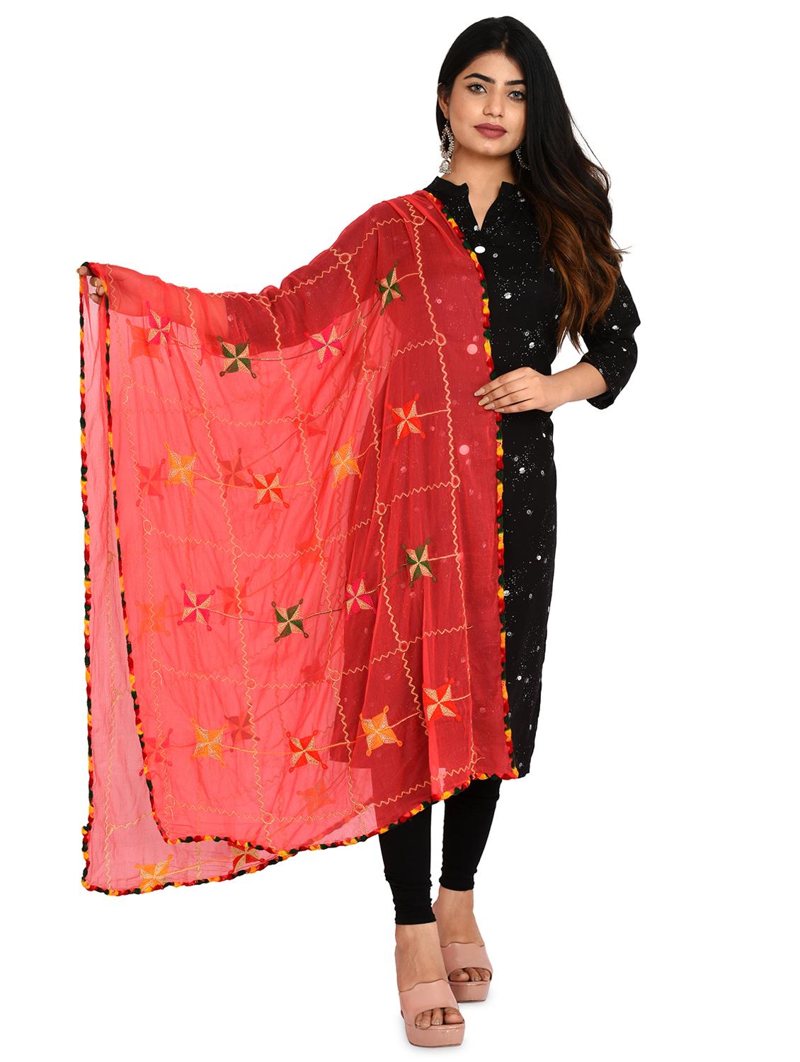 red phulkari embroidered dupatta - 18324697 - Zoom Image - 0