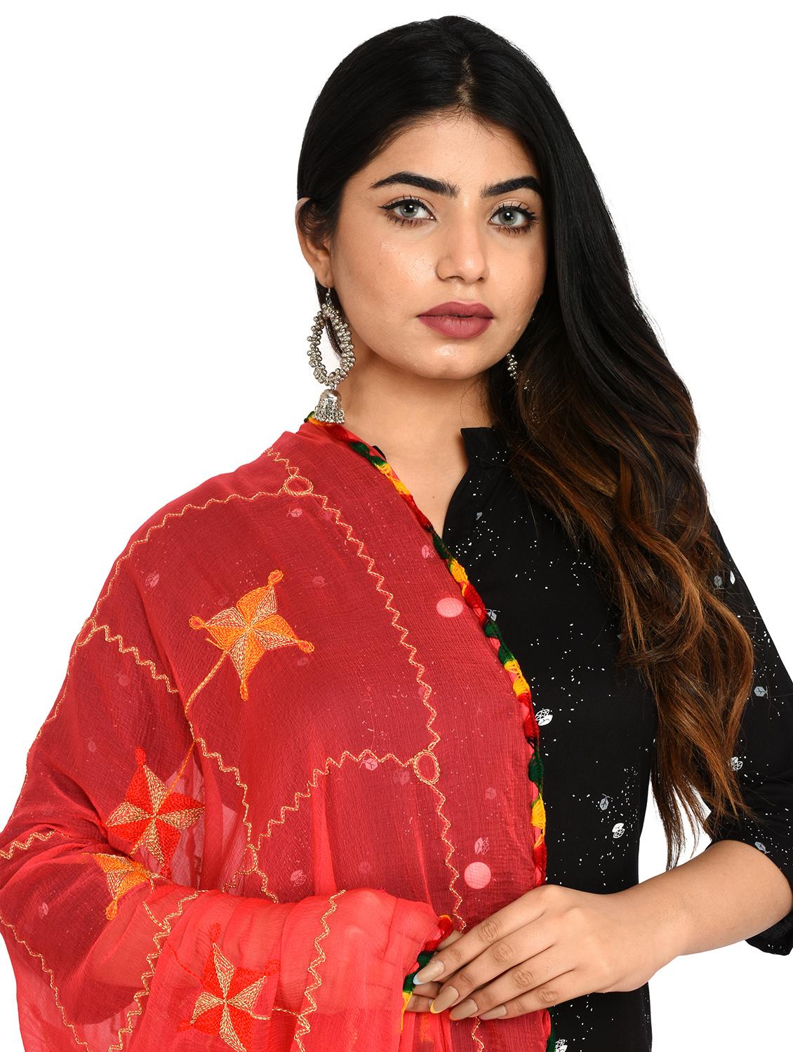 red phulkari embroidered dupatta - 18324697 - Standard Image - 3