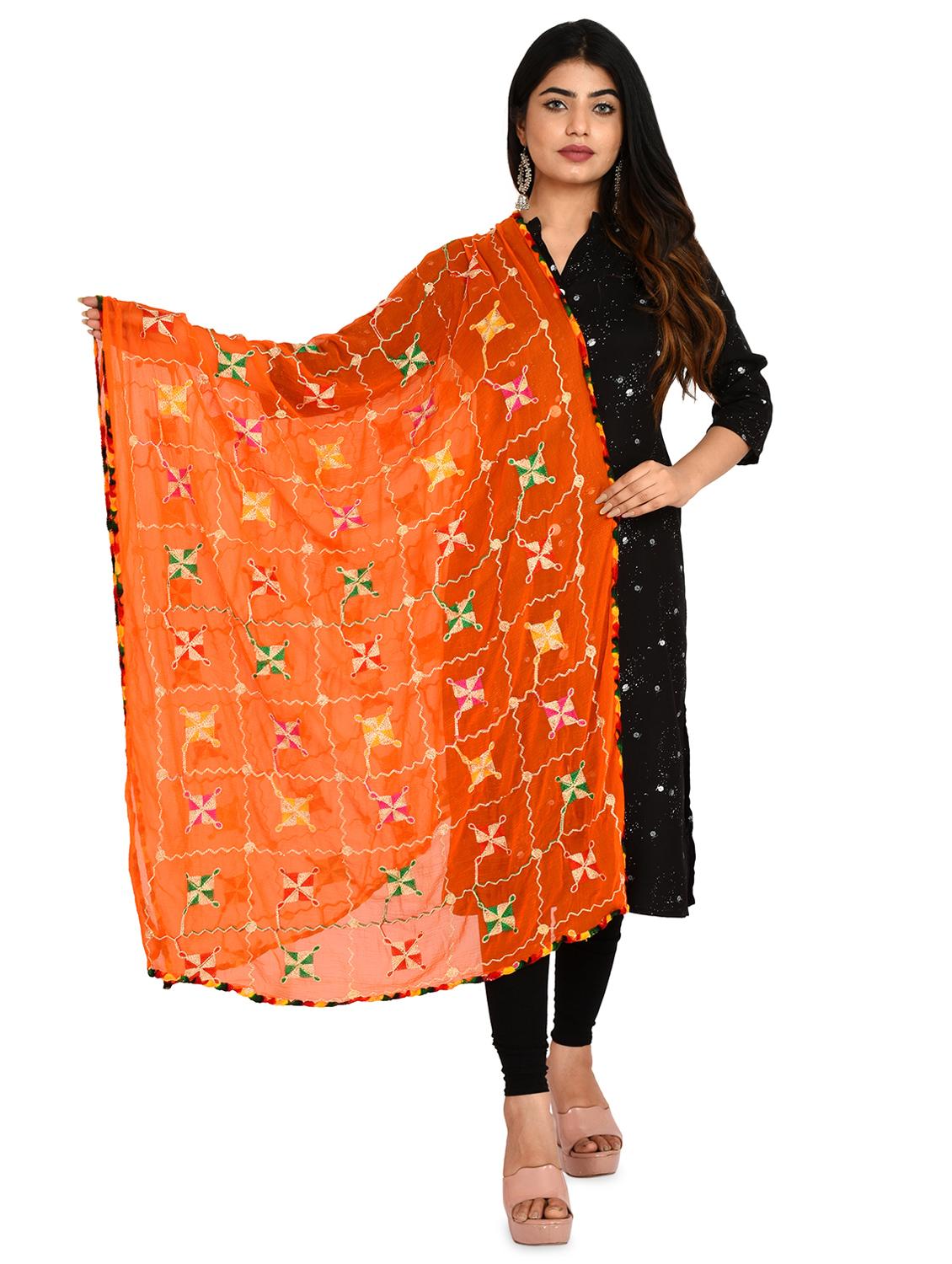 orange phulkari dupatta - 18324701 - Zoom Image - 0