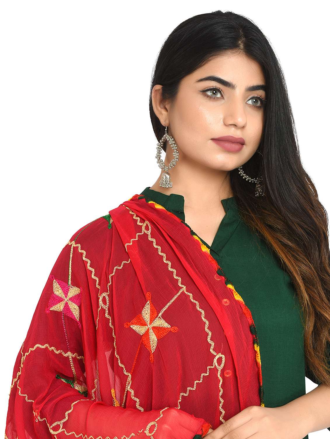 red phulkari embroidered dupatta - 18324704 -  Standard Image - 3