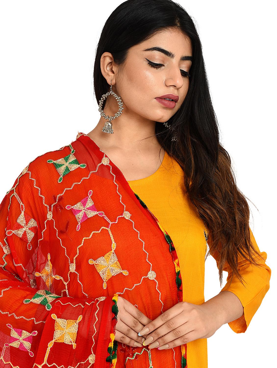 red phulkari emroidered dupatta - 18324705 - Standard Image - 3
