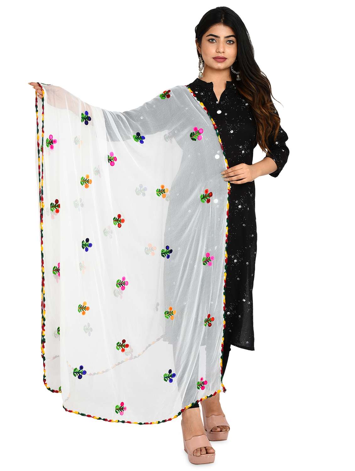 white floral embroidered dupatta