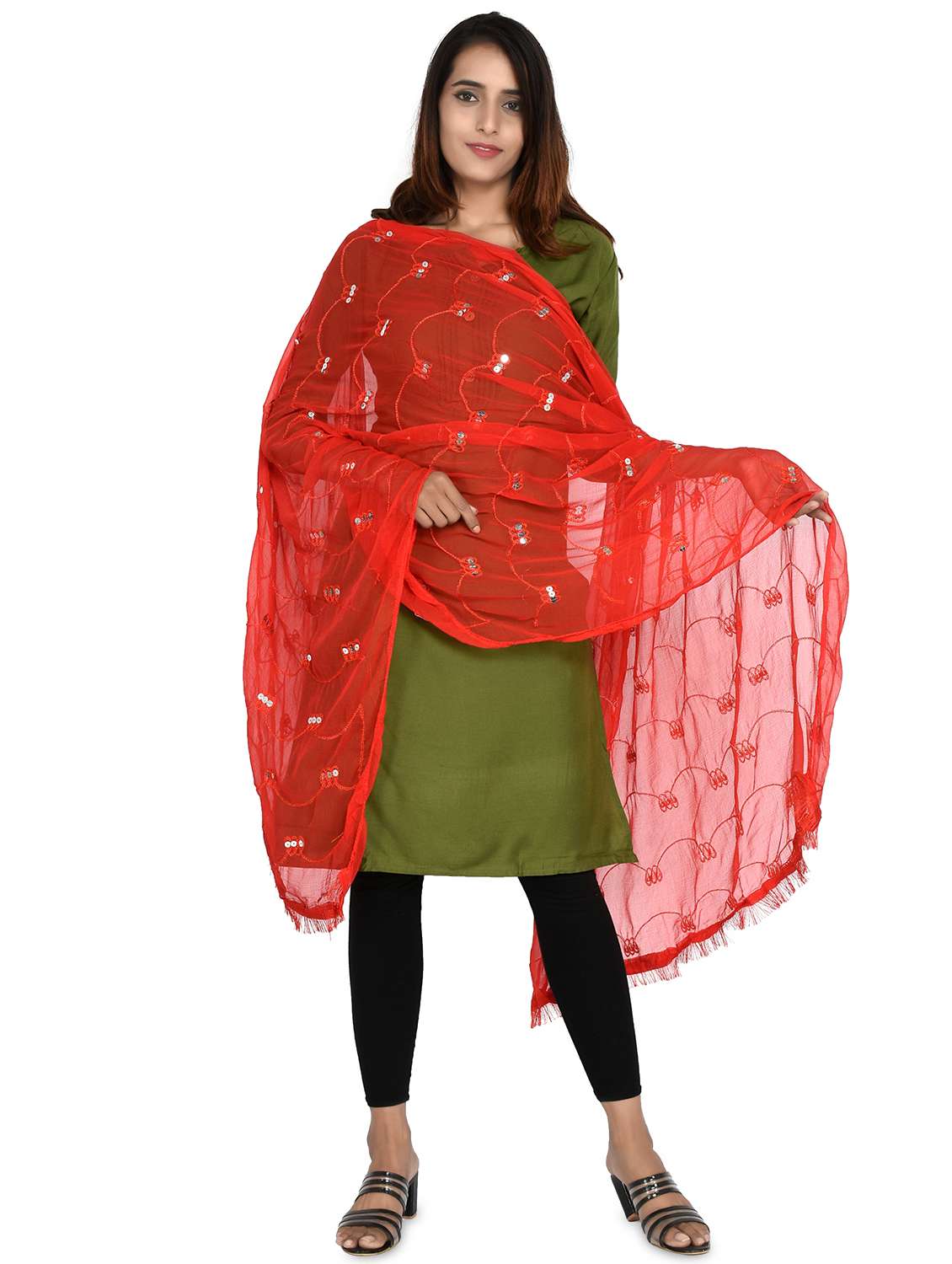 red self designed embroidered dupatta