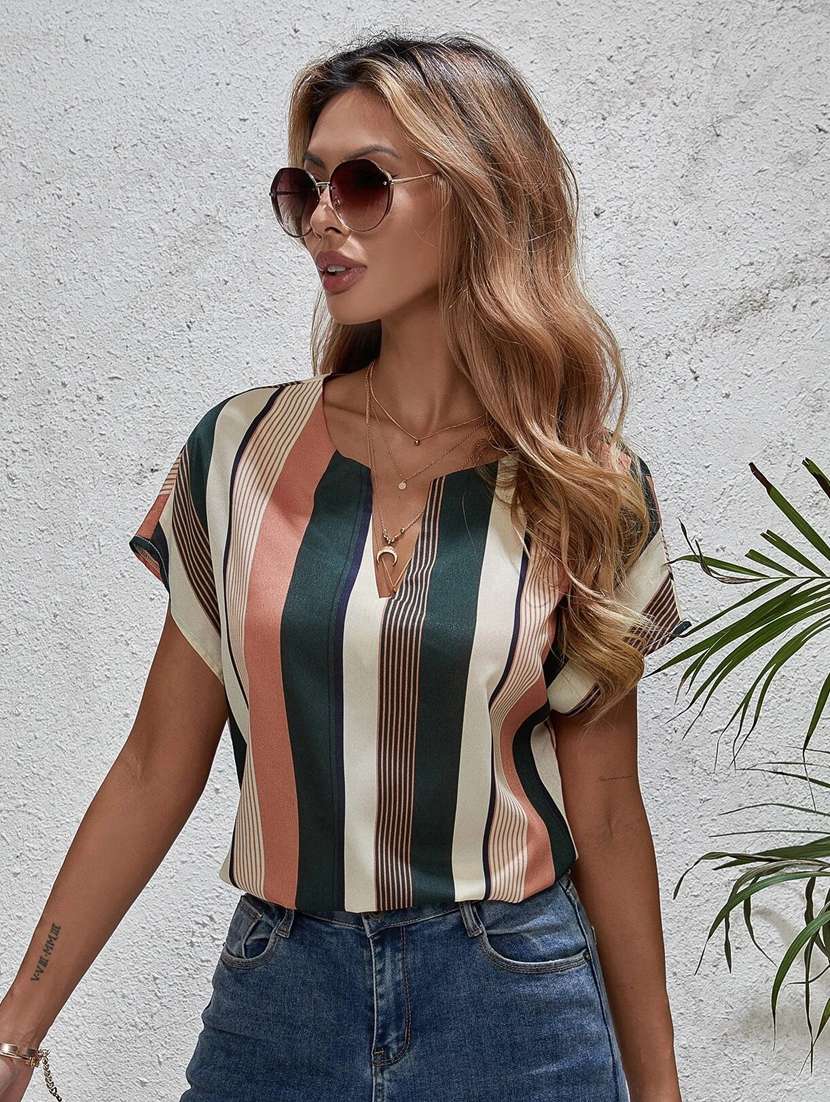 notch neck striped top - 18326744 - Zoom Image - 0