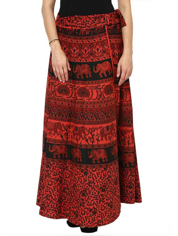 red printed flared skirt