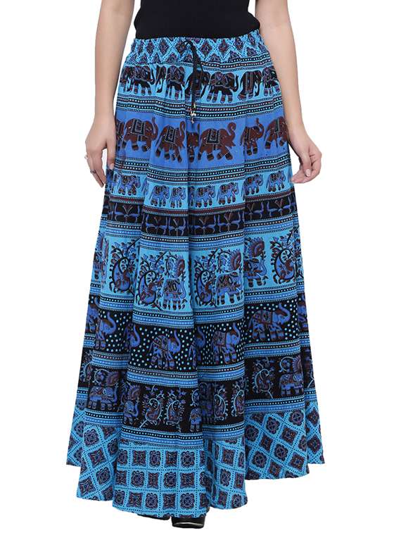 blue printed flared skirt